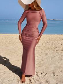 SHEIN Swim Mulvari 女士纯色圆领长袖上衣和迷你裙两件套泳衣，适合海滩度假 - 紫色 - 查看 4