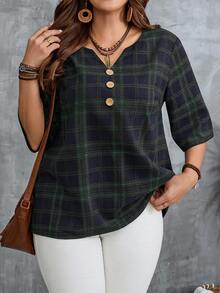 EMERY ROSE Plus Size Women Plaid Button Design Short Sleeve Casual Shirt - Green - View 4