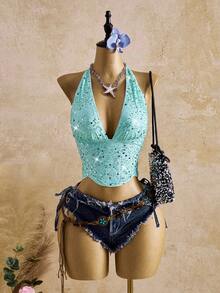 Femesol 女士性感绿色串珠露背V领吊带背心，适合海滩、度假、街头穿着，春夏皆宜 - 綠色 - 查看 4