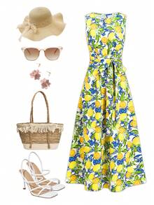 Ellevyn 女士夏季度假野餐格子圆领腰带口袋无袖宽松休闲连衣裙，适合各种场合、休闲通勤和旅行 - 彩色 - 查看 7