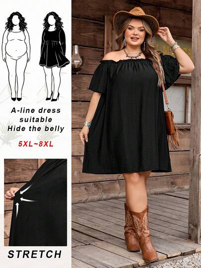 SHEIN CURVE+ Curve Size US22Music Festival, Seaside Vacation, Bohemia Women's Summer Fashion Casual Loose Comfortable Breathable Versatile Off-Shoulder Exposed Shoulder Black Mini Skirt, Suitable For Daily Wear, Vacation, Ibiza, European Summer, Afternoon Tea Party, Beach Outfit, Brunch, Etc. Black Plus Size Dress Off The Shoulder Plus Size Dress Plus Size Casual Dress