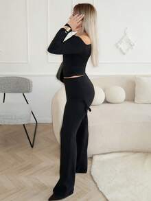 salliqueen 2件套纯色不对称肩长袖修身短款针织上衣（女款） - 黑色 - 查看 4