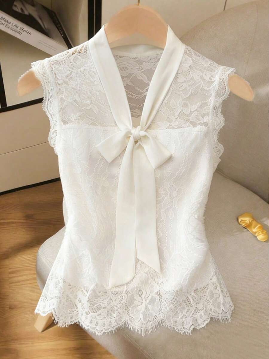 GlowEve Women's Elastic Lace Chiffon Bow Tie Sleeveless Waist Fitted Elegant Camisole Top, Suitable For Commuting, Summer - White - View 1