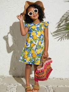 SHEIN Young Girl Frill Trim Keyhole Back Butterfly Sleeve Dress ,Lemon Print Ruffle Sleves Long Dress , Summer Vacation,Mom And Daughter & Sisters Matching Style ,Matching Family Vacation , Holidays,Beach Vacation, Lemon Print Dress For Girls, Girls Summer Dress - Yellow - View 3
