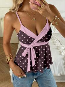 CovetEZ Women's Retro Contrast Polka Dot Print Tie Front Camisole, Suitable For Outings, Street Style, Chic, Y2K, Beach Vacation - Multicolor - View 9
