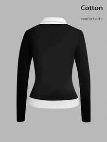 IslaSuriya Women's Casual Colorblock Patchwork T-Shirt, Spring/Autumn - Black - View 2