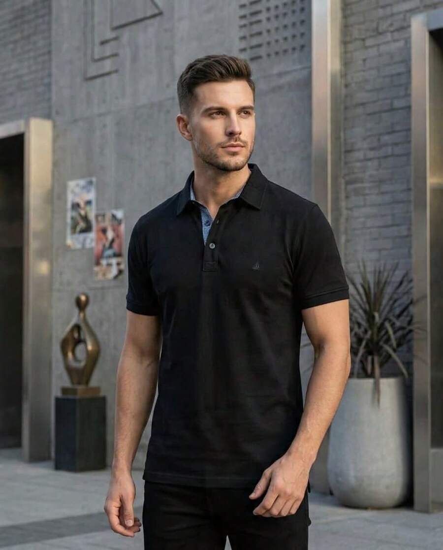 Playera Tipo Polo para Caballero Estilo Casual Primavera Verano - Negro - Ver 1