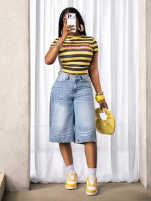 Slaydiva Quần jeans nữ dáng rộng lửng, ống rộng, thêu chữ và có túi, kiểu dáng thường ngày. - Rửa nhẹ - Xem 6