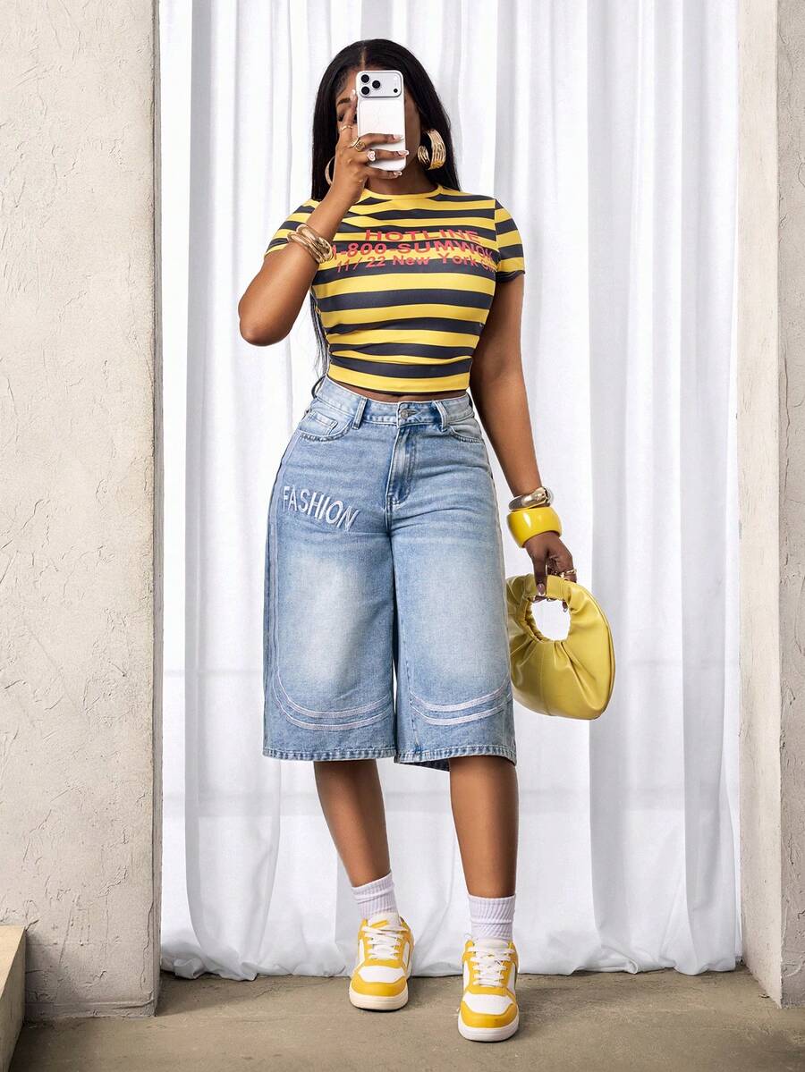 Slaydiva Jeans anchos y cortos de tiro alto con bolsillo bordado con letras, de estilo casual y holgado para mujer - Lavado ligero - Ver 1