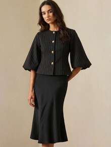 Aveloria Rosie Elegant French Retro Romantic Luxury High-End Design Herringbone Round Neck 3/4 Petal Sleeve Cinched Waist Slim Metal Button Women's Blazer - Black - View 4