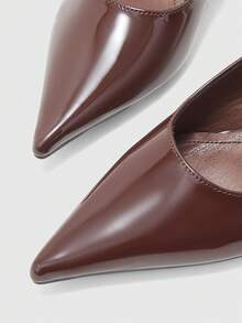 CUCCOO BIZCHIC Ladies Coffee Brown Patent Leather Pointed Metal Buckle Commuter Versatile Fashion High Heel Shoes - Coffee Brown - View 5
