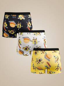 SpongeBob SquarePants | SHEIN 男士卡通印花弹力腰带休闲平角内裤 - 黑與白 - 查看 2