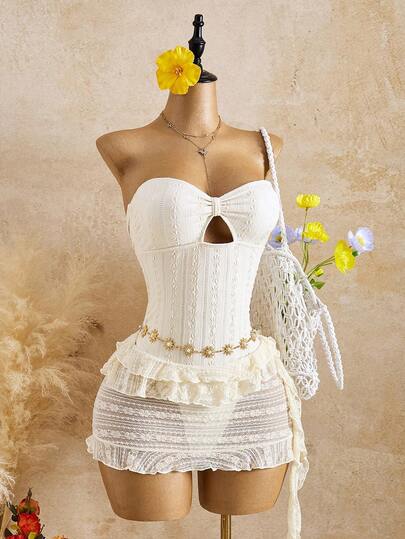 Bellisia 26SS Spring/Summer Vacation Beach Elegant Floral & Bow Decor Skirt Set, 2 Pieces 2026 New Women's Swimwear ArrivalFor School,Suitable For Holiday, Date, Afternoon Tea, Western, Cruise, Beach, Island, Road Trip, All Seasons, Music Festival, Boho Vacation,Bohemian Vacation, Chill Autumn ,Western Boho ,Elegant Tops For Women