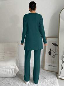 Cottnline 100%Cotton Women's Solid Color Striped Round Neck Top And Pants Two Piece Set - Mint Green - View 2
