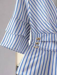 Franclia 女士休闲/工作衬衫，腰部收紧，不对称下摆设计，春夏款，优雅女士衬衫，蓝白条纹衬衫，女士办公室上衣，蓝白上衣，荷叶边衬衫，法式衬衫，商务休闲女士上衣，工作衬衫，女士夏季服装，女士休闲优雅衬衫，女士松紧腰衬衫，条纹衬衫 - 藍色 - 查看 3