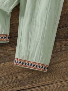 男婴波西米亚风织带短袖立领衬衫及配套长裤套装，适合居家、外出、度假、派对等场合。 - 綠色 - 查看 5