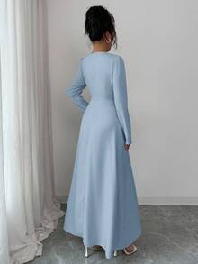 SHEIN Elenzya 女士纯色圆领褶皱优雅长袖连衣裙 - 淺藍色 - 查看 2