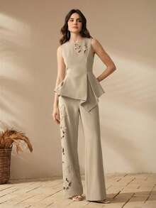 Anewsta Women's Elegant Elastic Waist Embroidered Hollow Out Embroidered Patch Straight Leg Pants, Suitable For Formal Occasions - Apricot - View 4