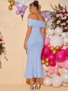 Loomaby Maternity Solid Color Bow Decor Fitted Off-Shoulder Dress - Blue - View 2