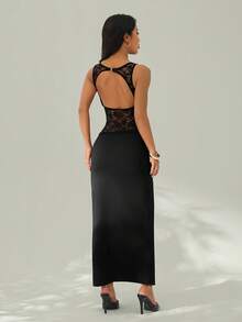 SHEIN PETITE 春夏纯黑色无袖修身蕾丝拼接透视超长不对称连衣裙，度假性感连衣裙，透视连衣裙，锐舞派对服装，万圣节女装，万圣节服装 - 黑色 - 查看 3