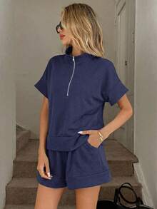 Easowa 2pcs/Set Women Casual Loose Zip-Up Polo Collar Top T-Shirt T-Shirt And Pocket Shorts Outfit 2 Pieces Short Sets Woman Comfy Two Pieces Set Blue 2 Pieces Set Women Women's Short Sets - Navy Blue - View 6