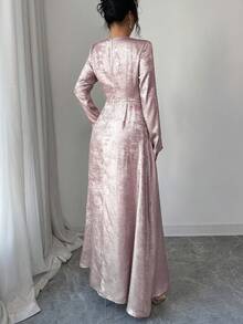 Elenzga Đầm maxi dài tay dáng chữ A màu trơn, chất liệu ánh kim, cổ tròn, thắt eo chéo, chất liệu vải ánh kim, dành cho nữ, thích hợp mặc đi làm, đi nghỉ mát, dự tiệc trà chiều. Đầm thanh lịch, đầm cổ điển, đầm dài tay dự tiệc, đầm dài dự đám cưới cho nữ. - Màu Hồng baby - Xem 2