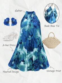 Chiquease Women's Floral Printed Pleated Halter Neck Vacation Dress Vacation Beach Outfit Ocean Dress Blue Skirts For Women Blue Sundresses For Women Blue Spring Dress Blue Flower Dress - Blue - View 7