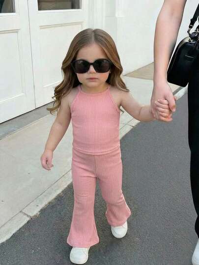 SHEIN Baby Girl Cute Summer Knitted Pink Camisole & Flared Pants Set