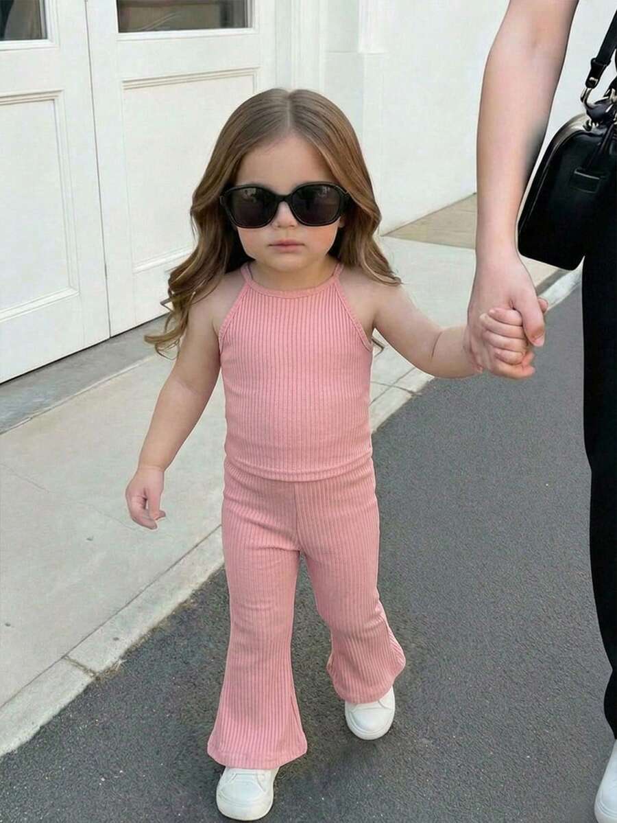 SHEIN 女婴可爱夏季粉色针织吊带背心和喇叭裤套装 - 彩色 - 查看 1