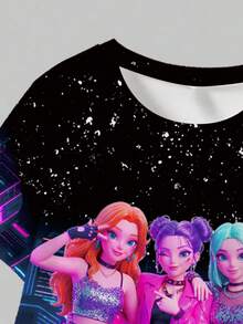 New SS26 Fashion Tween Girl 2pcs Set, Casual Stylish Spring/Summer T-Shirt & Leggings Outfit, Cartoon Character Graphic Tee & Tight Black Pants, Lightweight & Comfortable, Fashionable Casual Suit - Multicolor - View 4