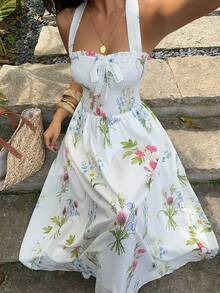 Sunnyshic Spring & Summer Ruched Floral Vacation Style Spaghetti Strap Bustier Dress, Botanical Print Lace Bow Tie Waist Slimming Dress - White - View 4