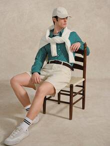 Courvante 時尚男士深綠色條紋長袖鈕扣襯衫，標準長度，領口設計，適合商務穿著，藍黑白配色 - 墨綠色 - 查看 8