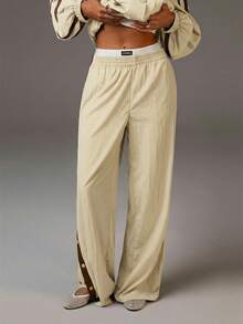 Women's Casual Sports Elastic Waist Striped Side Seam Pants - Light Yellow - View 5