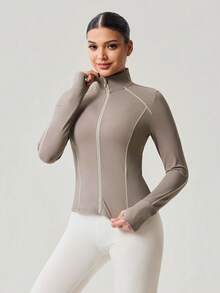 OutZeal Gym Top Women Sports Jacket Solid Color Yoga Casual Running Quick-Dry Slim Fit Stand Collar Zip Up Active Tops Summer Spring - Volcanic Gray - View 8