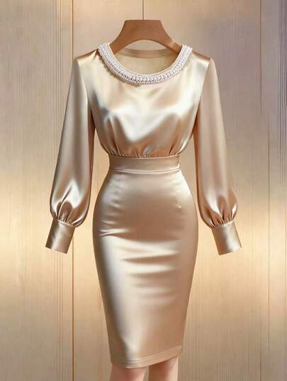 Franclia 여성을 위한 우아하고 로맨틱한 프랑스 스타일의 모조 다이아몬드 장식 허리 핏 긴소매 드레스