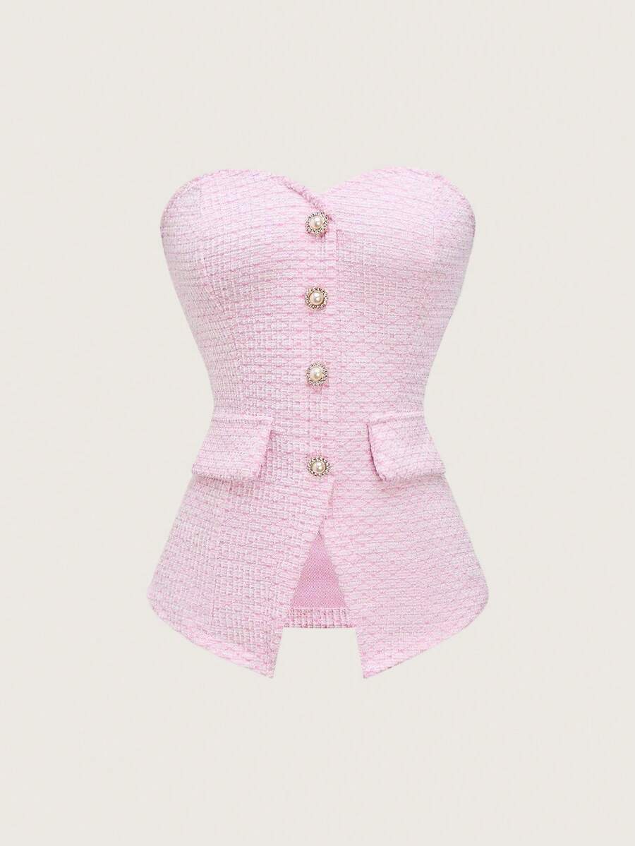 Olithes Top corto ajustado de verano para mujer con textura rosa, con detalle de botón de perla - Rosa - Ver 1