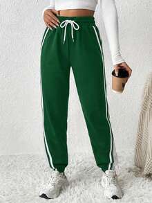Cottnline Contrast Side Seam Drawstring Waist Slant Pocket Sweatpants - Army Green - View 3