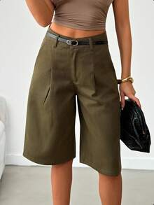 SHEIN Mid Waist Pleat Front Denim Short - Army Green - View 2