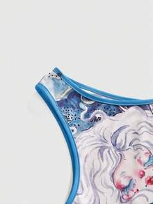 ROMWE Shorts sexy y dulces de estilo Y2K, top corto con tirantes de espagueti con estampado de gato lindo y personalizado, camiseta de tirantes con estampado completo y ribete de contraste - Azul - Ver 4