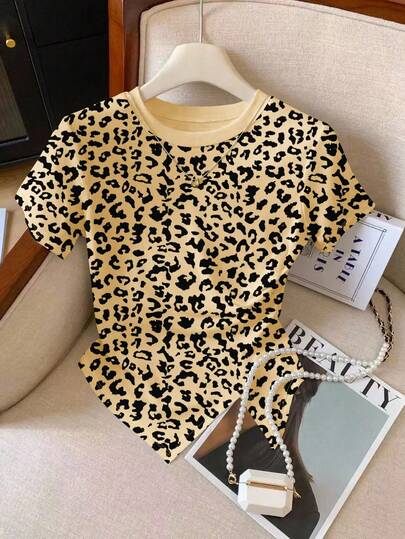 Resyla Women's Spring/Summer New Arrival Leopard Print Pattern Round Neck Slim Fit Bodycon T-Shirt