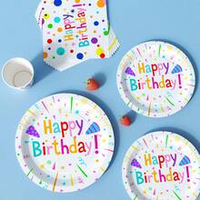 Bunte Punkte Happy Birthday Einweg-Teller, Servietten und Becher Set, für 8 Gäste. Dieses Einweg-Partyartikel-Set (inklusive Teller, Servietten und Becher) ist perfekt für Geburtstagsfeiern, Hochzeiten und Familienpicknicks. - Übersicht 5