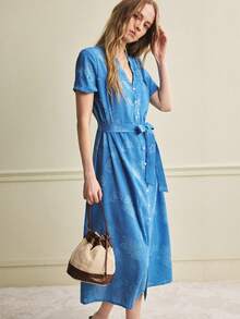 Écloséra Summer Fashion Elegant French Retro Blue Dress, Loose Cut-Out Design With Waist Tie Short-Sleeve Women's Spring-Summer Dress, Women's Beach Vacation Outfit, Ladies' Holiday Wear. - Blue - View 3
