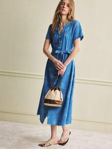 Écloséra Summer Fashion Elegant French Retro Blue Dress, Loose Cut-Out Design With Waist Tie Short-Sleeve Women's Spring-Summer Dress, Women's Beach Vacation Outfit, Ladies' Holiday Wear. - Blue - View 4