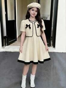 SHEIN Black And White Tween Girl 2026 Spring/Summer Elegant Bow Decor Jacket & Dress Set - Beige - View 3