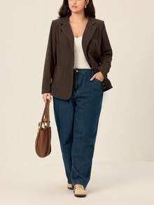 Juhart 大码女式休闲日常舒适灯芯绒罗纹金属扣装饰翻领西装外套，适合购物、聚会、通勤 - 棕色 - 查看 5