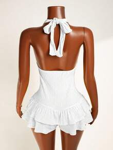 Mistrie Bộ jumpsuit ôm sát cơ thể màu trơn dành cho nữ, kiểu cổ yếm buộc dây, viền bèo nhún. - trắng - Xem 2