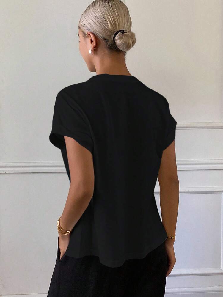 Women's Solid Color Loose Round Neck Short Sleeve Oblique Collar Pleated Casual T-Shirt, Autumn