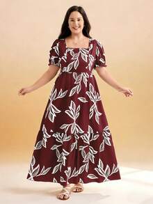 Momelise Große Größen Damen bedrucktes Gewebe Quadratausschnitt Kurzarm A-Linie locker Casual Urlaub Alltag modisch bequem elegantes Kleid, geeignet für Frühling und Sommer - Verschiedenfarbig - Übersicht 6