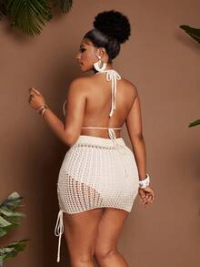 Maweii Bộ đồ nữ phong cách tối giản, gợi cảm, trẻ trung gồm áo crop top cổ yếm khoét rỗng và chân váy ngắn cạp chun thắt nơ, màu trắng, cỡ lớn, thích hợp cho đi biển và nghỉ mát. - Màu be - Xem 3
