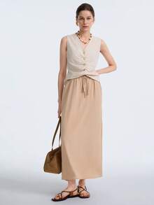 SHEIN Stylify Chân váy nữ kiểu dáng thường ngày, thắt eo, có túi và xẻ tà. - Màu Khaki - Xem 7